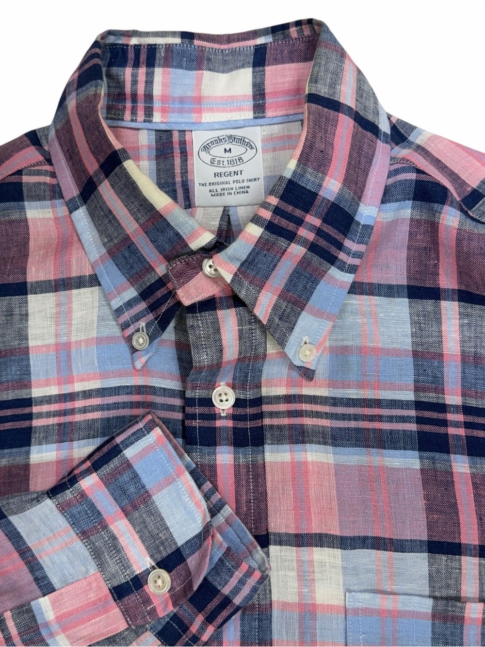 Brooks Brothers Baird McNutt Linen Shirt Men Medium Pink Plaid Irish Button Down